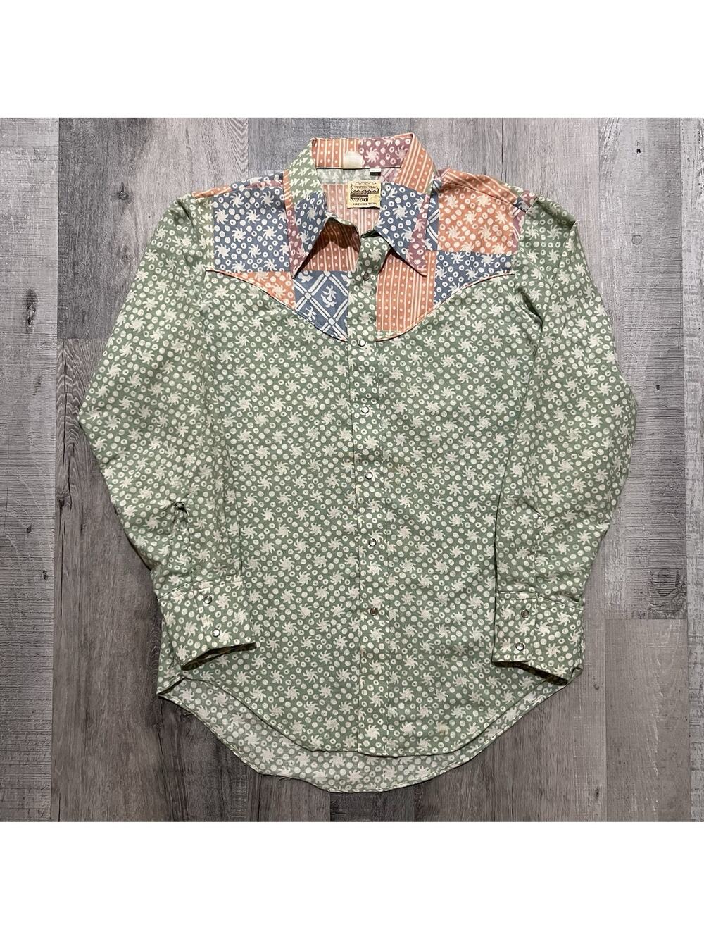 VTG 70s Montgomery Ward Patchwork Pearl Snap Western Shirt Cotton Pinwheel L